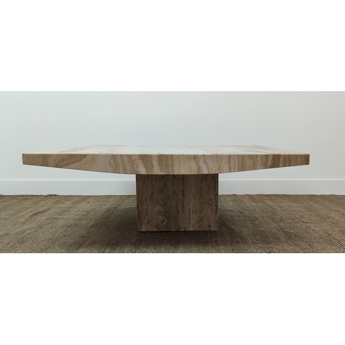 152 - TRAVERTINE COFFEE TABLE, 1970s Italian square travertine marble top on plinth base, 41cm H x 110cm x... 