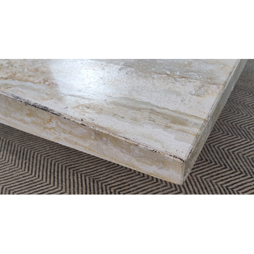 152 - TRAVERTINE COFFEE TABLE, 1970s Italian square travertine marble top on plinth base, 41cm H x 110cm x... 