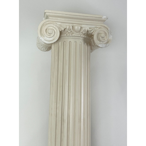 159 - ARCHITECTURAL COLUMNS, a pair, painted plaster with ionic capitals, 207cm H. (2)