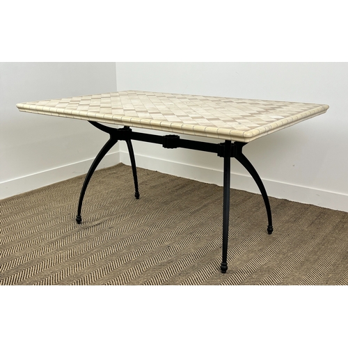 161 - DINING/PATIO TABLE, Spanish design tiled top on aluminium base, 74cm H x 145cm x 96cm W.