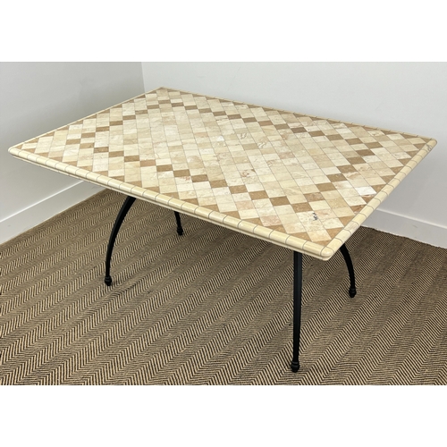 161 - DINING/PATIO TABLE, Spanish design tiled top on aluminium base, 74cm H x 145cm x 96cm W.