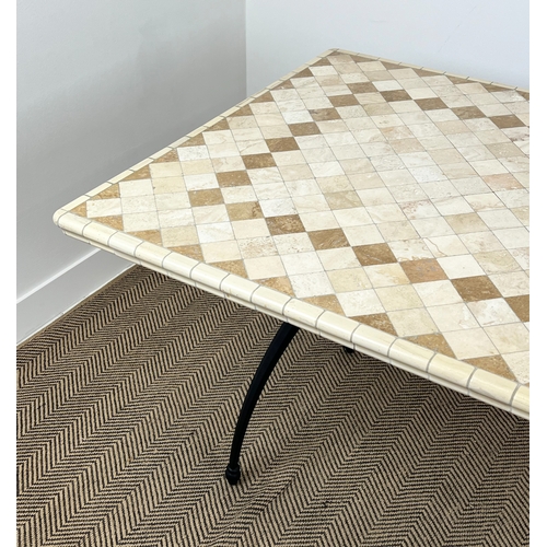 161 - DINING/PATIO TABLE, Spanish design tiled top on aluminium base, 74cm H x 145cm x 96cm W.