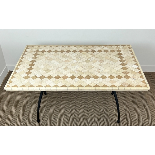 161 - DINING/PATIO TABLE, Spanish design tiled top on aluminium base, 74cm H x 145cm x 96cm W.