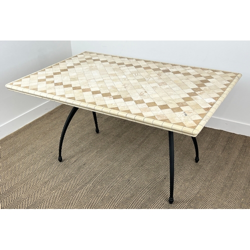 161 - DINING/PATIO TABLE, Spanish design tiled top on aluminium base, 74cm H x 145cm x 96cm W.