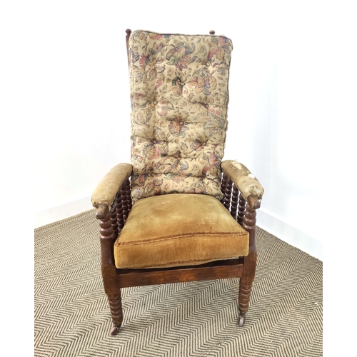 165 - MORRIS & CO STYLE RECLINING ARMCHAIR , after a design by Philip Webb, Victorian birch with adjustabl... 