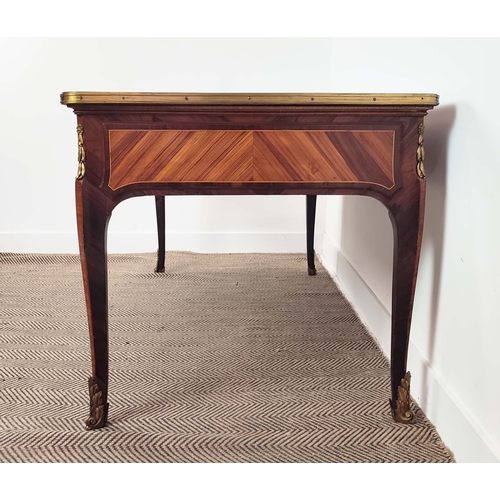 171 - BUREAU PLAT, late 19th century French tulipwood, rosewood and gilt bronze mounted with black leather... 