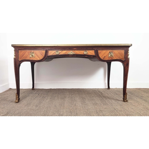 171 - BUREAU PLAT, late 19th century French tulipwood, rosewood and gilt bronze mounted with black leather... 