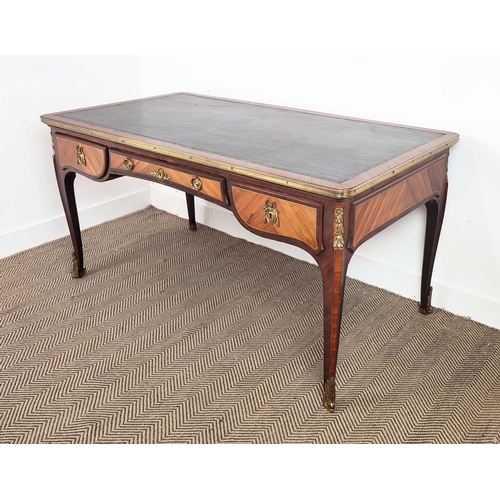 171 - BUREAU PLAT, late 19th century French tulipwood, rosewood and gilt bronze mounted with black leather... 