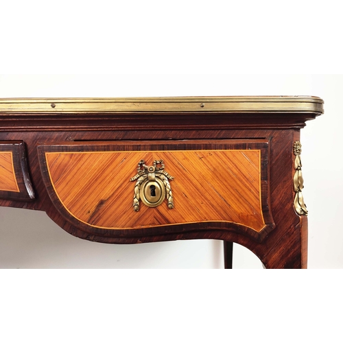 171 - BUREAU PLAT, late 19th century French tulipwood, rosewood and gilt bronze mounted with black leather... 