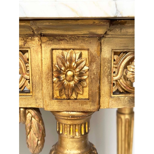 181 - CONSOLE TABLE, late 19th century Italian giltwood with carved rosette and pierced frieze with fluted... 