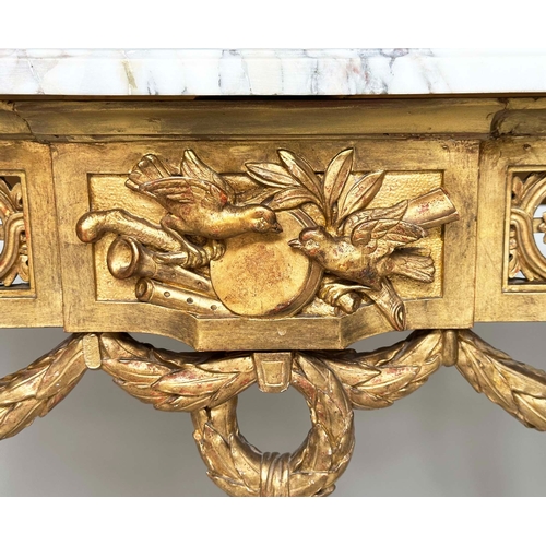 181 - CONSOLE TABLE, late 19th century Italian giltwood with carved rosette and pierced frieze with fluted... 