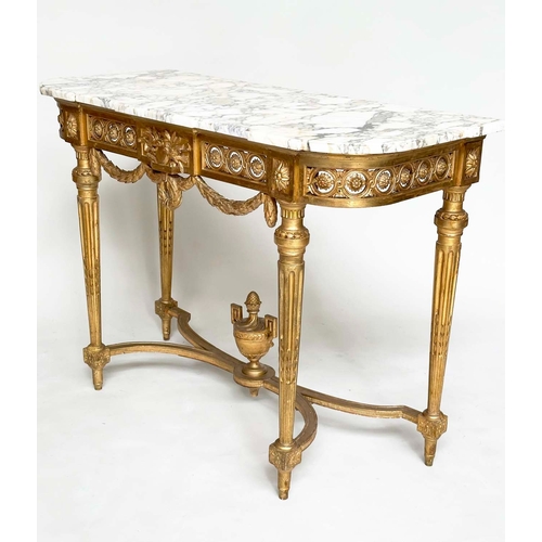 181 - CONSOLE TABLE, late 19th century Italian giltwood with carved rosette and pierced frieze with fluted... 