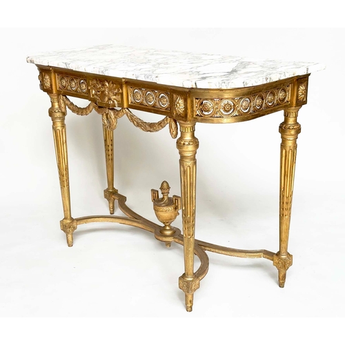 181 - CONSOLE TABLE, late 19th century Italian giltwood with carved rosette and pierced frieze with fluted... 