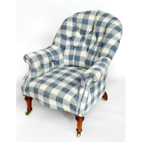 186 - ARMCHAIR BY HOLLAND & SONS, 19th century mahogany with blue 'batik' check linen upholstered with dee... 