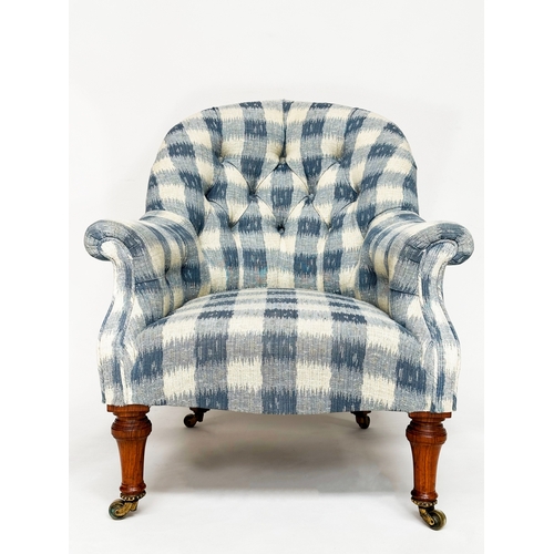 186 - ARMCHAIR BY HOLLAND & SONS, 19th century mahogany with blue 'batik' check linen upholstered with dee... 