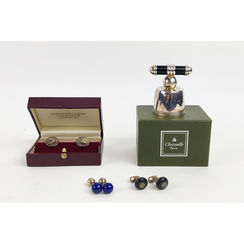 19 - CUFFLINKS, three pairs, including Gucci and Tiffany and a Christofle champagne stopper.