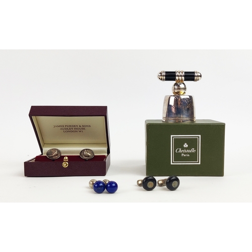 19 - CUFFLINKS, three pairs, including Gucci and Tiffany and a Christofle champagne stopper.