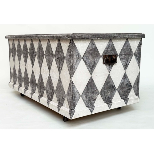 191 - HARLEQUIN TRUNK, 19th century craquelure and diamond hand painted with rising lid, 58cm H x 110cm W ... 