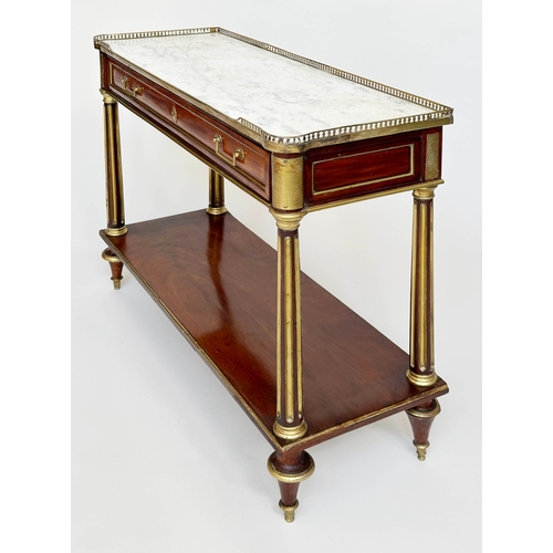 193 - CONSOLE TABLE, early 19th century French Directoire mahogany and gilt metal mounted with white marbl... 