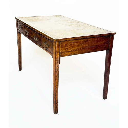 195 - GEORGE III WRITING DESK, mahogany with gilt tooled antique green leather above three frieze drawers ... 