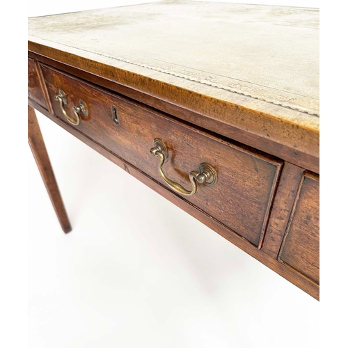 195 - GEORGE III WRITING DESK, mahogany with gilt tooled antique green leather above three frieze drawers ... 