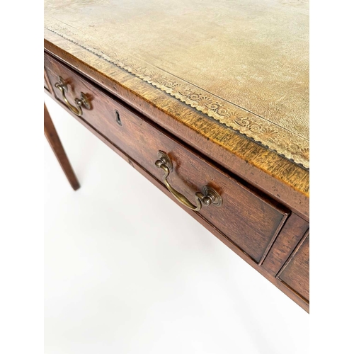 195 - GEORGE III WRITING DESK, mahogany with gilt tooled antique green leather above three frieze drawers ... 