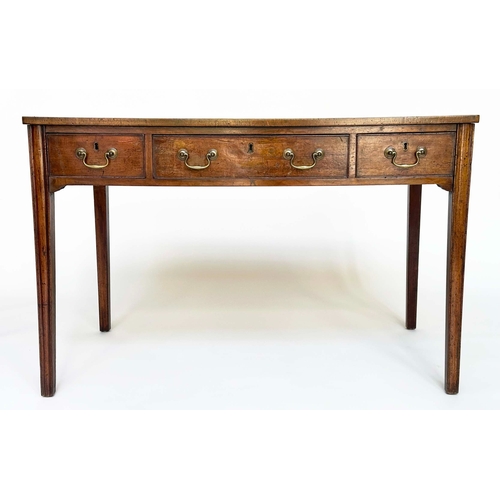 195 - GEORGE III WRITING DESK, mahogany with gilt tooled antique green leather above three frieze drawers ... 