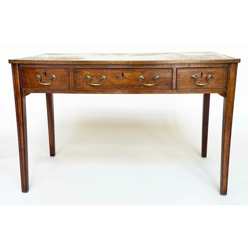 195 - GEORGE III WRITING DESK, mahogany with gilt tooled antique green leather above three frieze drawers ... 