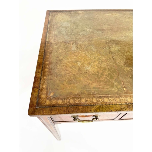 195 - GEORGE III WRITING DESK, mahogany with gilt tooled antique green leather above three frieze drawers ... 