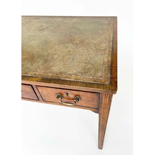 195 - GEORGE III WRITING DESK, mahogany with gilt tooled antique green leather above three frieze drawers ... 