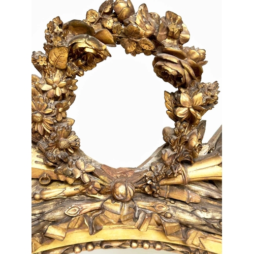 196 - PIER MIRROR, 19th century giltwood with arched top beaded and berry and leaf frame with bevelled mir... 