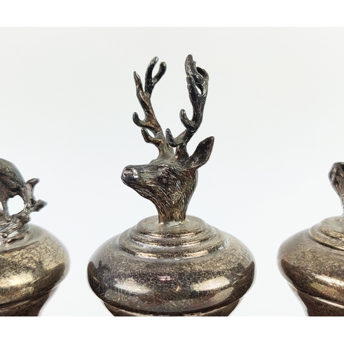 2 - SILVER STOPPERS, a collection of six, hunting themed marked B and Co, 925, Sheffield on wooden stand... 