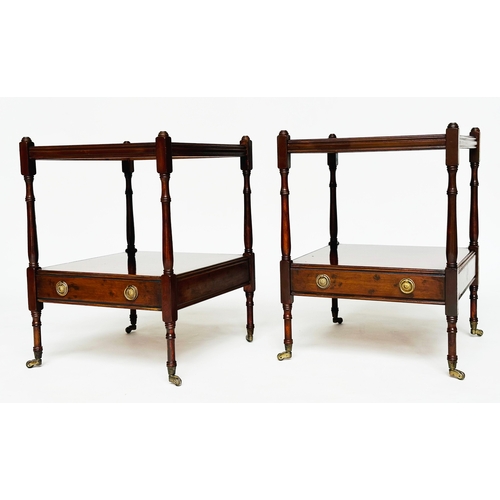 201 - LAMP TABLES, a pair, George III design burr yew and crossbanded each with two tiers and drawer, 58cm... 