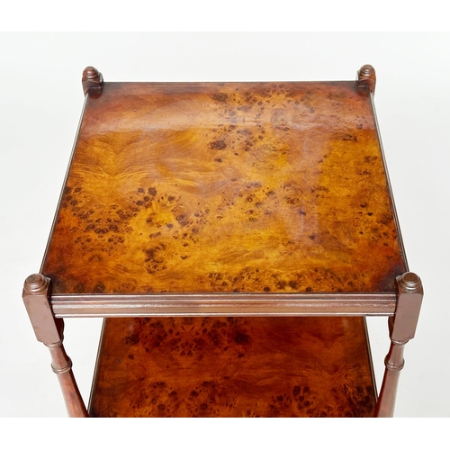 201 - LAMP TABLES, a pair, George III design burr yew and crossbanded each with two tiers and drawer, 58cm... 