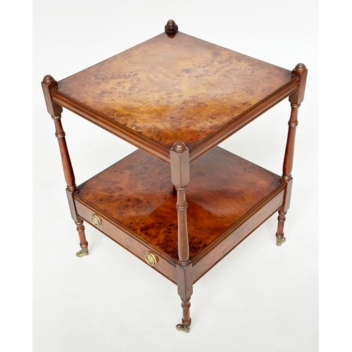 201 - LAMP TABLES, a pair, George III design burr yew and crossbanded each with two tiers and drawer, 58cm... 