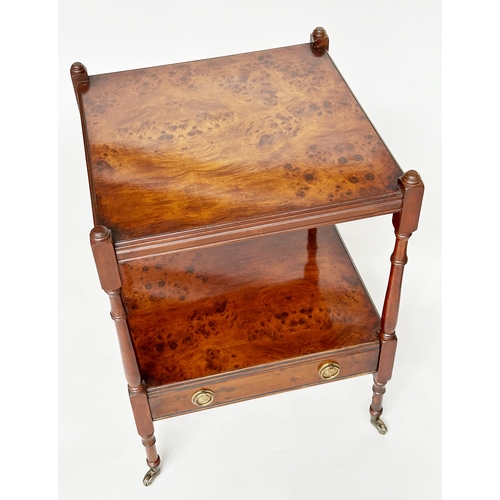 201 - LAMP TABLES, a pair, George III design burr yew and crossbanded each with two tiers and drawer, 58cm... 