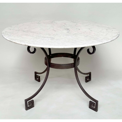 205 - CENTRE TABLE, Regency style circular white marble on four wrought iron scroll and Greek-key decorate... 