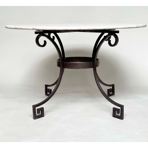 205 - CENTRE TABLE, Regency style circular white marble on four wrought iron scroll and Greek-key decorate... 