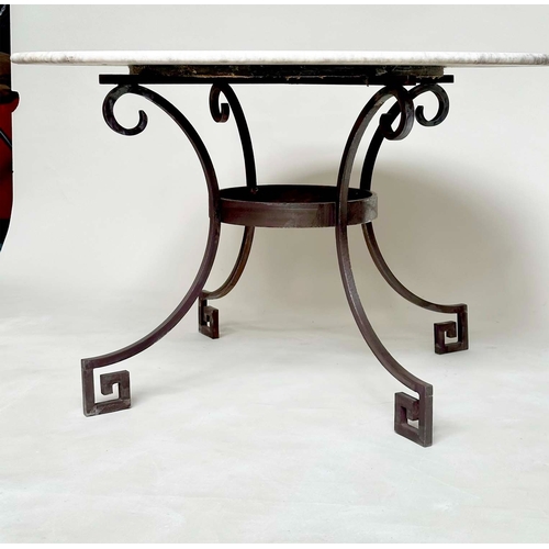 205 - CENTRE TABLE, Regency style circular white marble on four wrought iron scroll and Greek-key decorate... 