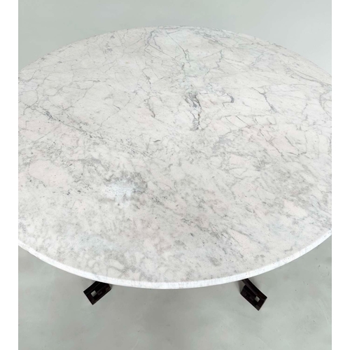 205 - CENTRE TABLE, Regency style circular white marble on four wrought iron scroll and Greek-key decorate... 