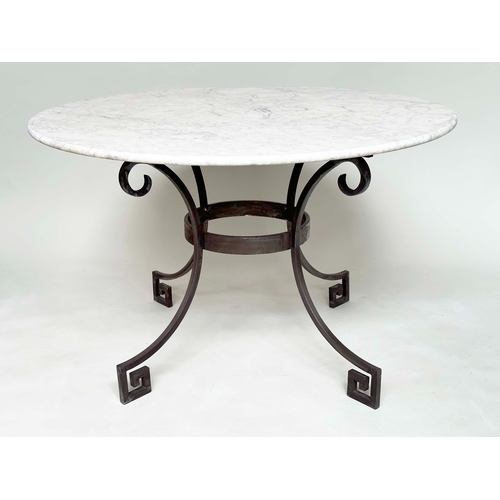 205 - CENTRE TABLE, Regency style circular white marble on four wrought iron scroll and Greek-key decorate... 