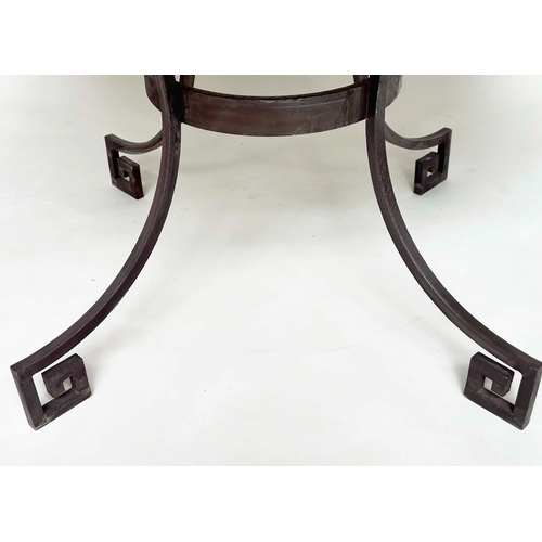 205 - CENTRE TABLE, Regency style circular white marble on four wrought iron scroll and Greek-key decorate... 