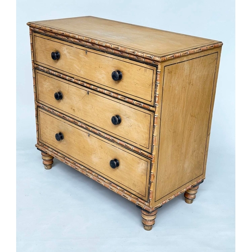 213 - FAUX BAMBOO CHEST, 19th century faux bamboo with three long drawers and turned supports, 102cm W x 9... 