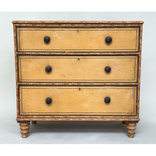 213 - FAUX BAMBOO CHEST, 19th century faux bamboo with three long drawers and turned supports, 102cm W x 9... 