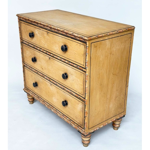 213 - FAUX BAMBOO CHEST, 19th century faux bamboo with three long drawers and turned supports, 102cm W x 9... 