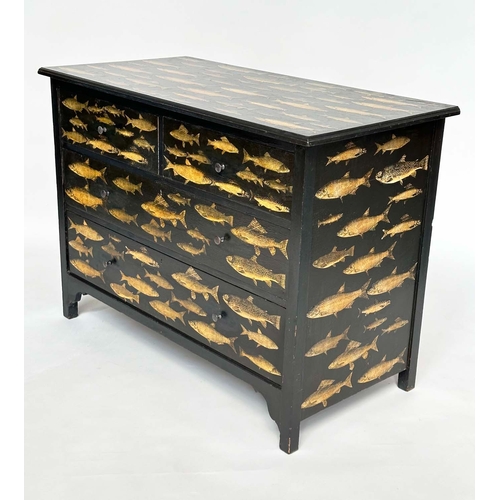 216 - DECOUPAGE CHEST, vintage lacquered and fish decoupage decorated with two short an two long drawers, ... 