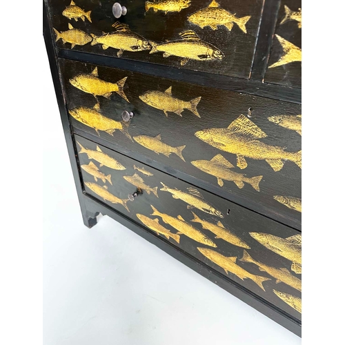 216 - DECOUPAGE CHEST, vintage lacquered and fish decoupage decorated with two short an two long drawers, ... 