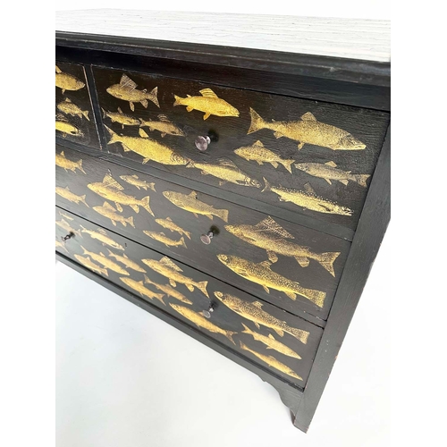 216 - DECOUPAGE CHEST, vintage lacquered and fish decoupage decorated with two short an two long drawers, ... 