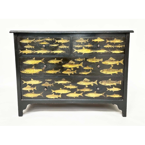 216 - DECOUPAGE CHEST, vintage lacquered and fish decoupage decorated with two short an two long drawers, ... 