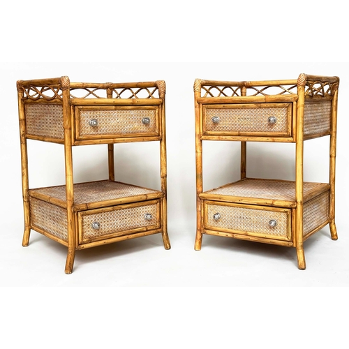 218 - LAMP/BEDSIDE TABLES BY ANGRAVES, a pair, rattan framed, wicker panelled and cane bound each with gal... 